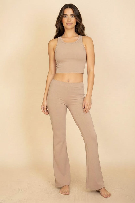 Ribbed Sleeveless Crop Top & High-Rise Flared Pants Set — Model Wearing | Gloravi