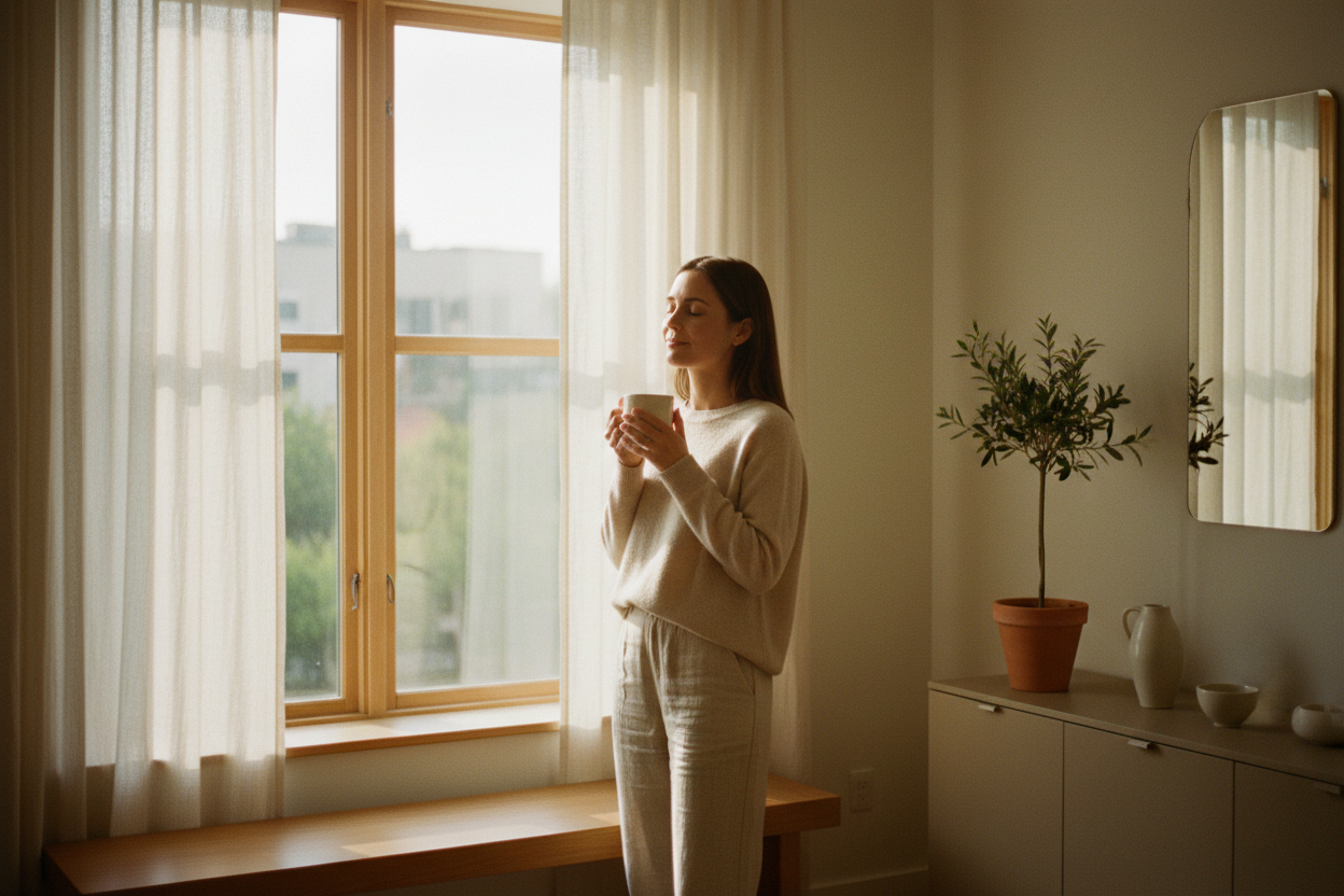 A woman sitting in stillness on a cushion where a wooden floor meets the forest floor, a small candle beside her