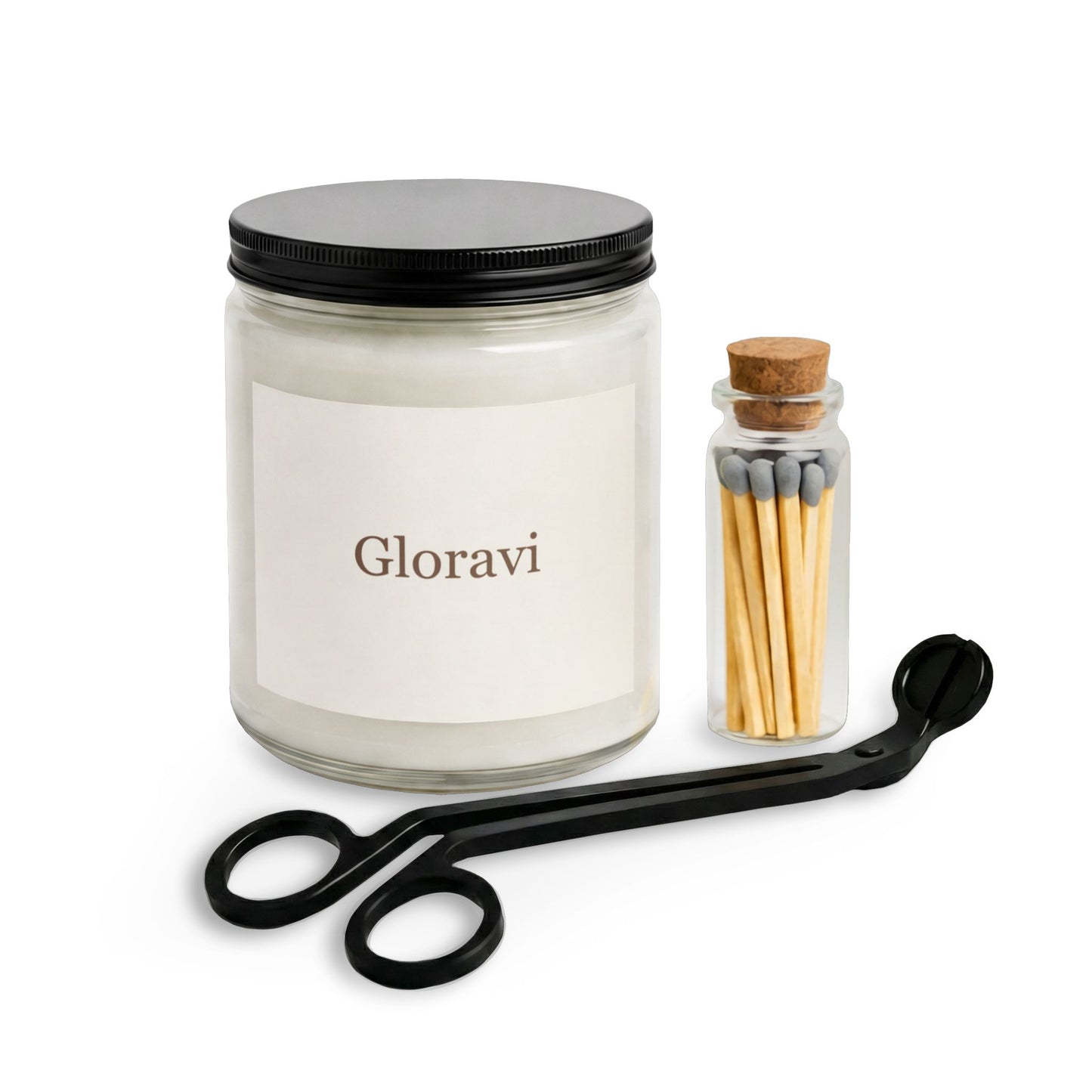 Gloravi Evening Ritual candle burning in amber jar with glass match vial beside it