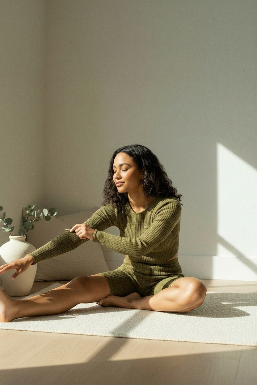 Olive Knit Crop Top & Biker Shorts Set — Full Look | Gloravi