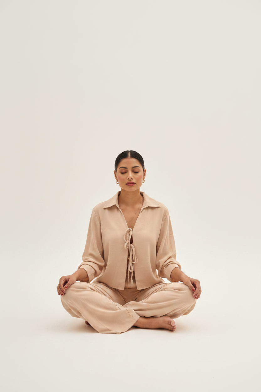 Front Tie Wide-Leg Set — Model Sitting | Gloravi