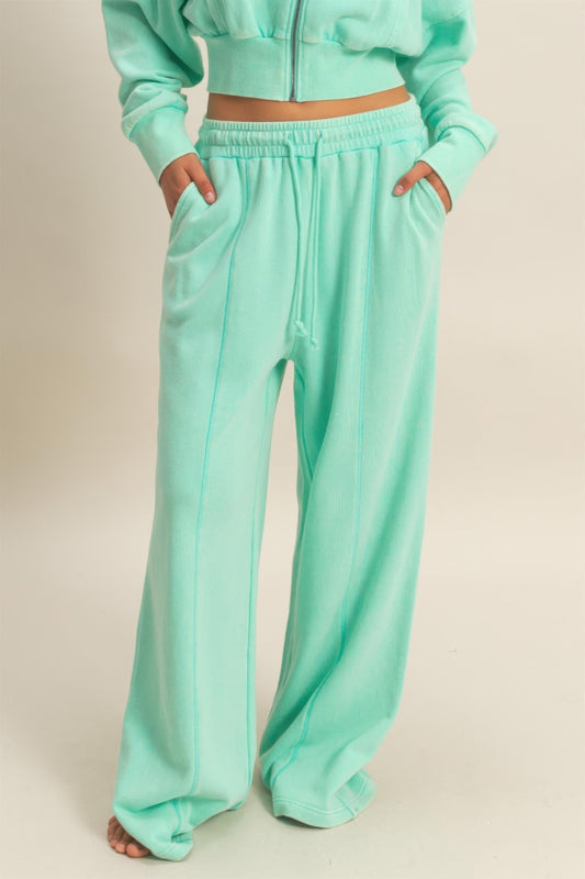 Acid Wash Wide-Leg Pants in Mint — Front View | Gloravi