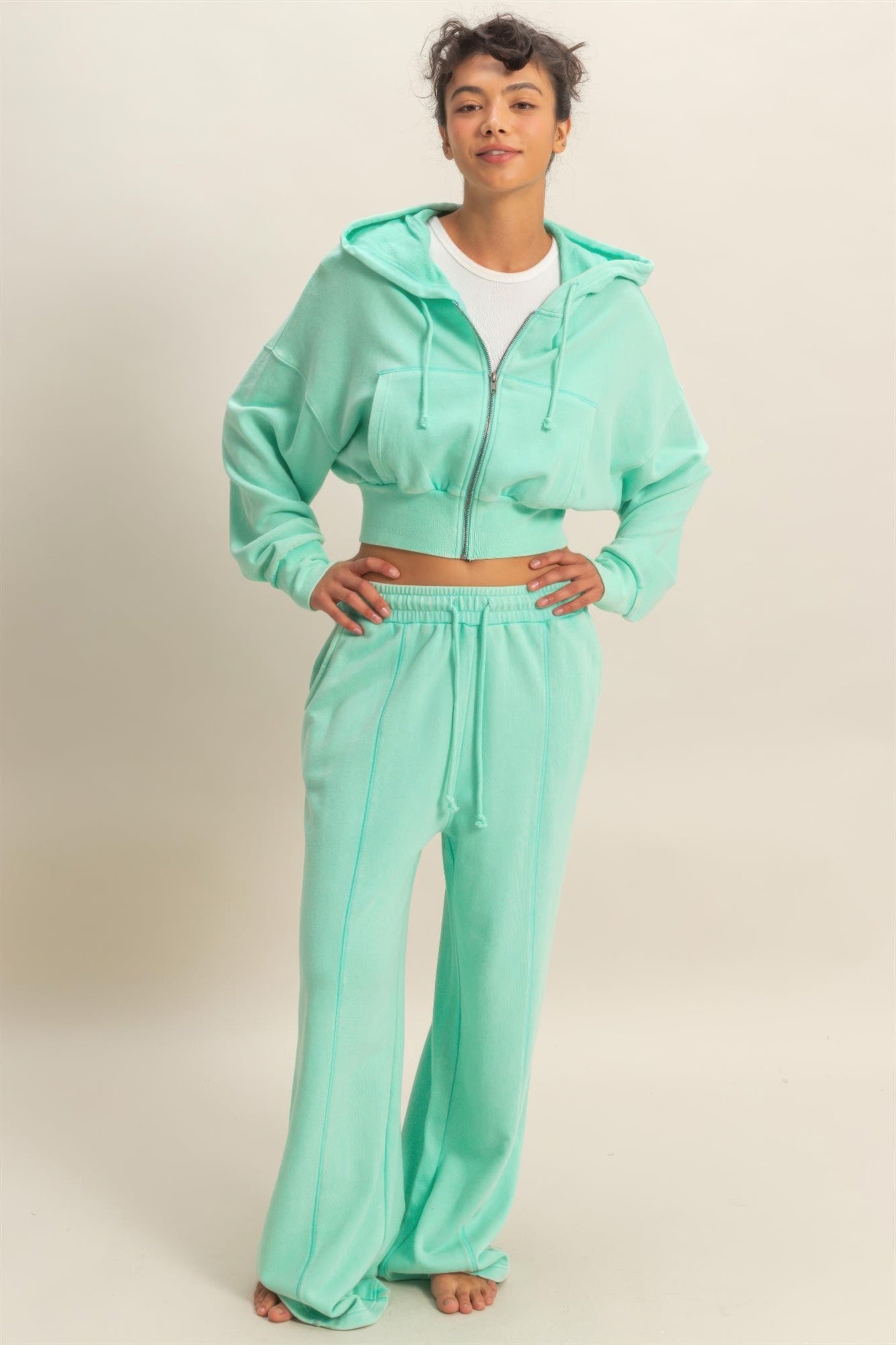 Acid Wash Wide-Leg Pants in Mint — Side View | Gloravi