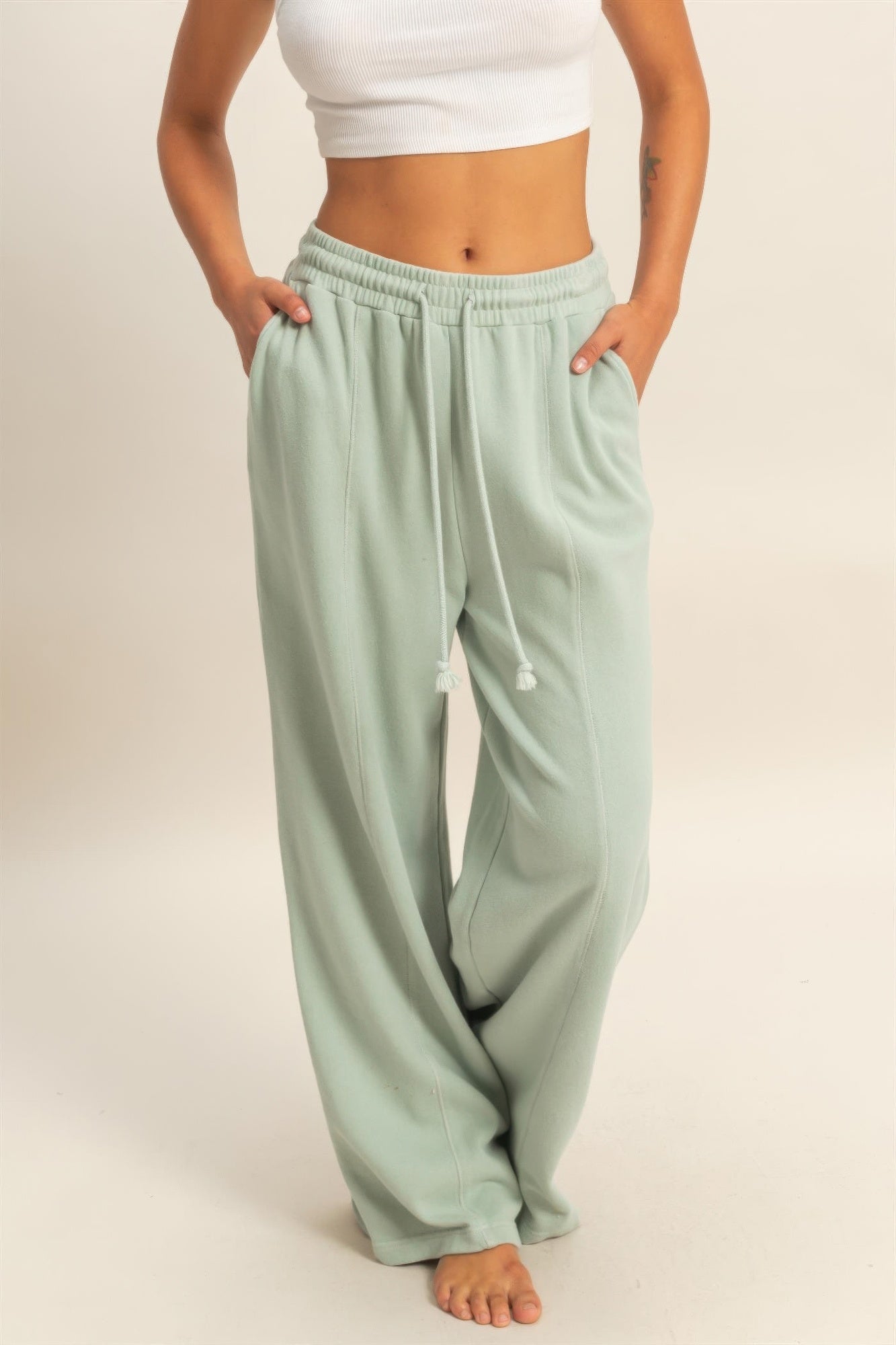 Acid Wash Wide-Leg Pants in Sage Green — Front View | Gloravi