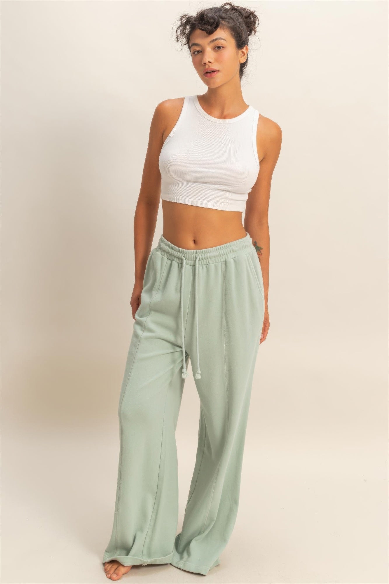 Acid Wash Wide-Leg Pants in Sage Green — Side View | Gloravi