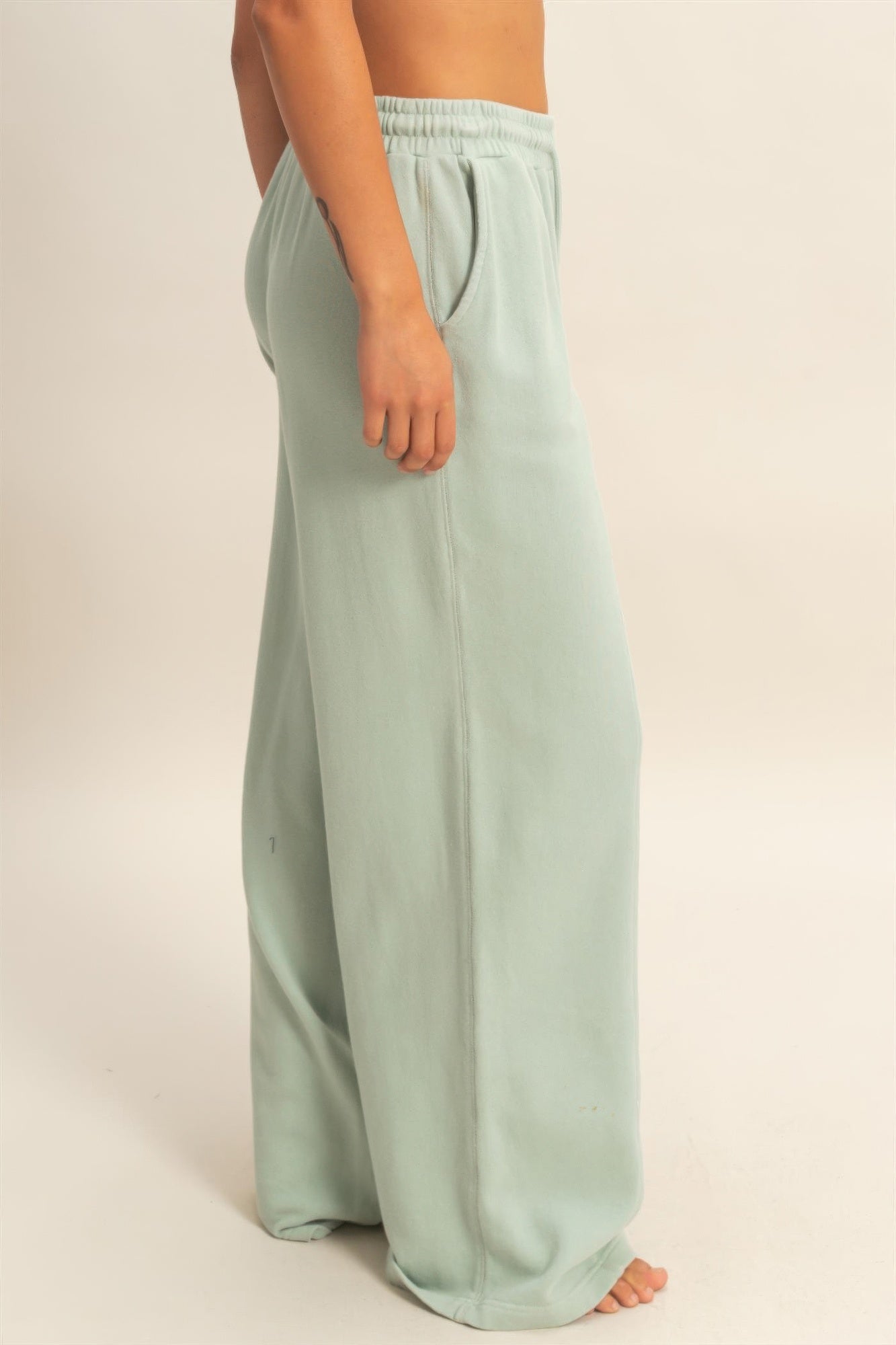 Acid Wash Wide-Leg Pants in Sage Green — Detail | Gloravi