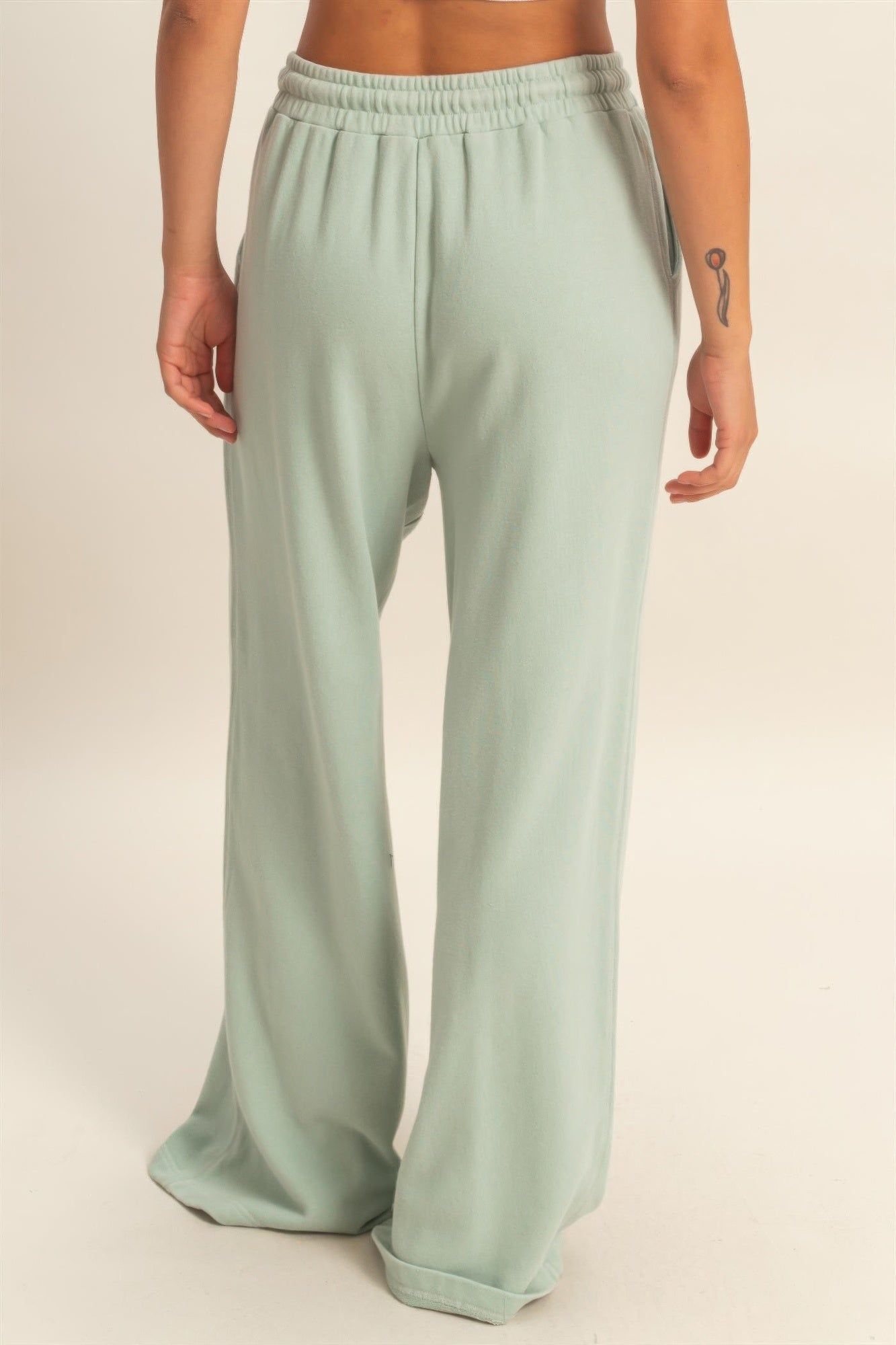 Acid Wash Wide-Leg Pants in Sage Green — Back View | Gloravi