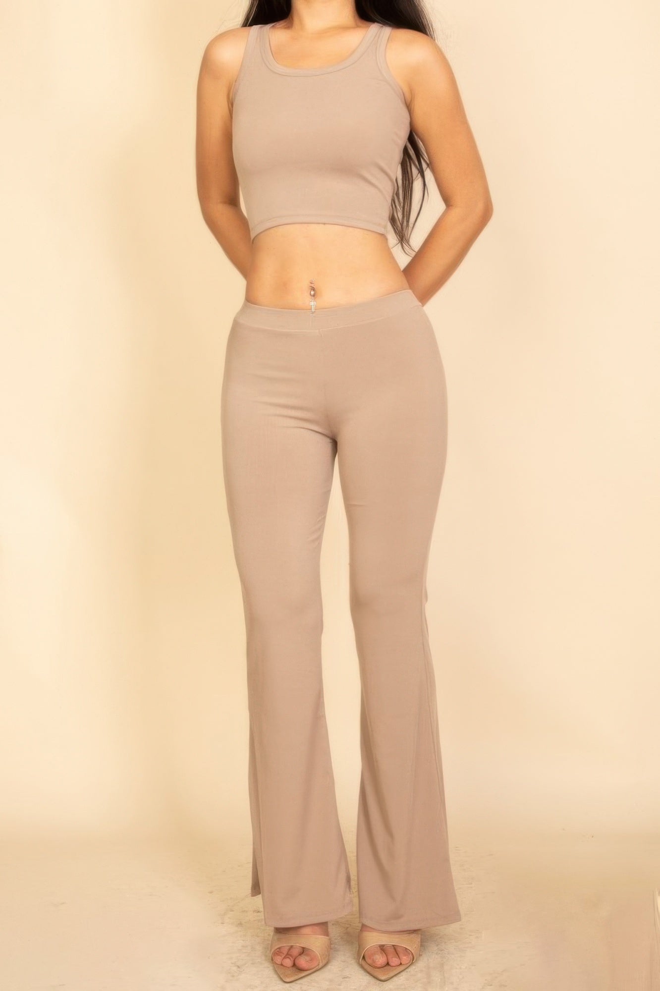 Ribbed 2-Piece Set in Taupe — Front View | Gloravi