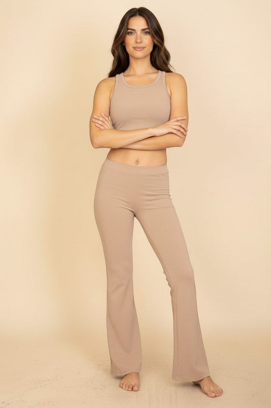 Ribbed Sleeveless Crop Top & High-Rise Flared Pants Set — Front View | Gloravi