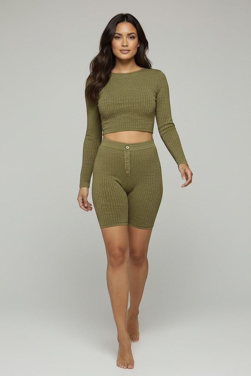 Olive Knit Crop Top & Biker Shorts Set — Side View | Gloravi