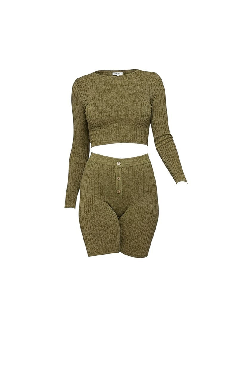 Olive Knit Crop Top & Biker Shorts Set — Lifestyle | Gloravi
