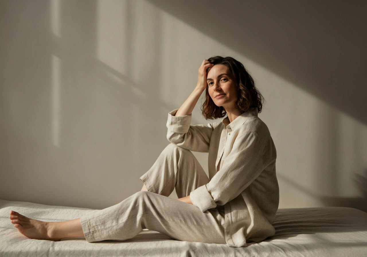 Woman wearing a relaxed two-piece matching set in oatmeal