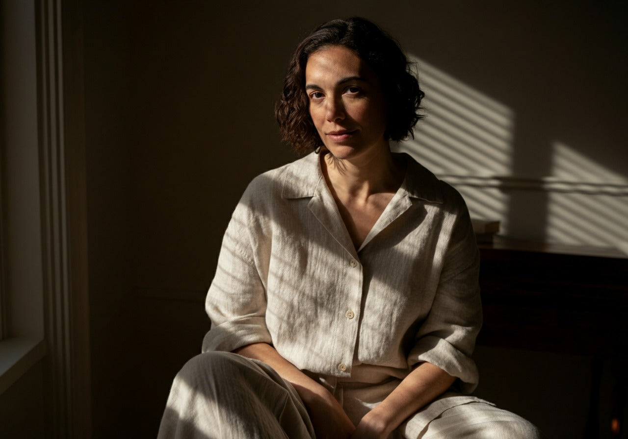 Woman in a soft neutral matching set in warm window light