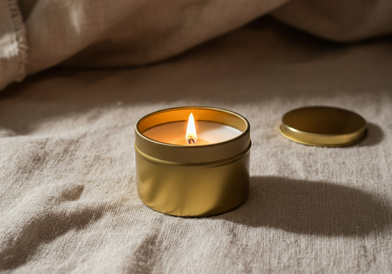 A lit candle beside a meditation cushion