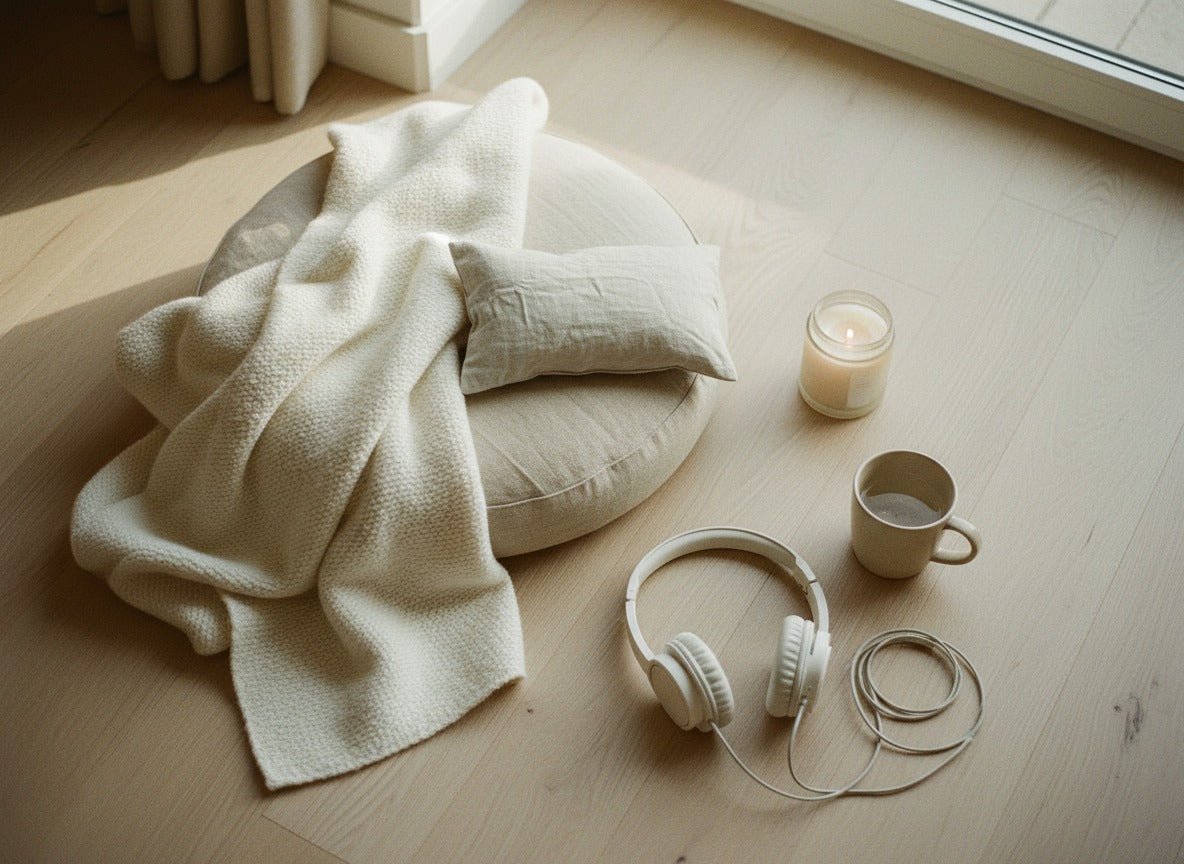 A singing bowl and a candle in a quiet room at dusk