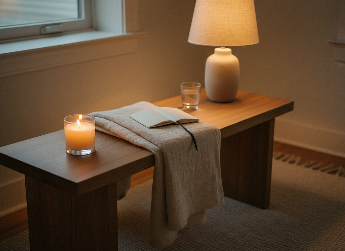 A lit candle, folded throw and glass of water at home after a sound bath